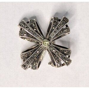 Vintage Sterling Silver 925 Marcasite Brooch Pin Green Gem Stone Peridot manly